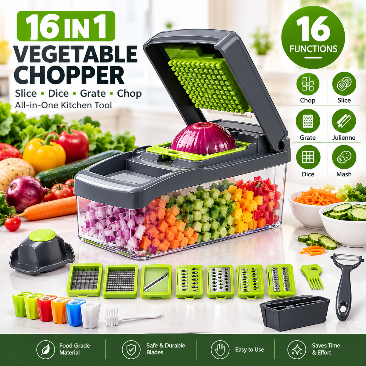 16-in-1 Vegetable Chopper – Manual Food Slicer, Dicer & Grater